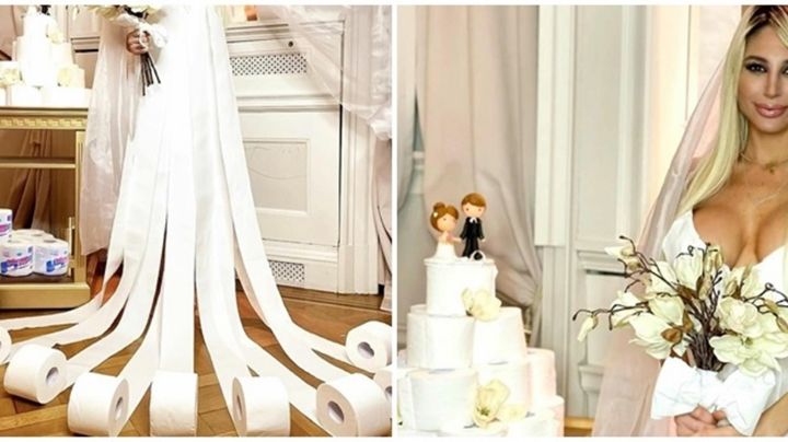 Vicky Xipolitakis lució un espectacular vestido de novia, ¡hecho con papel higiénico de canje!